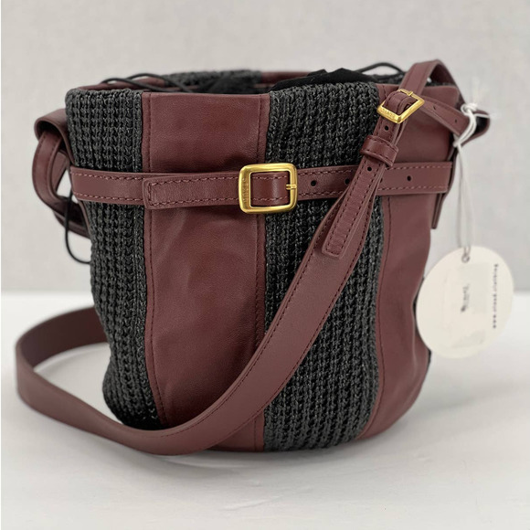 STAUD Handbags - STAUD Handbag Womens Brown Cabana Raffia and Leather Shoulder Bucket Bag NWT